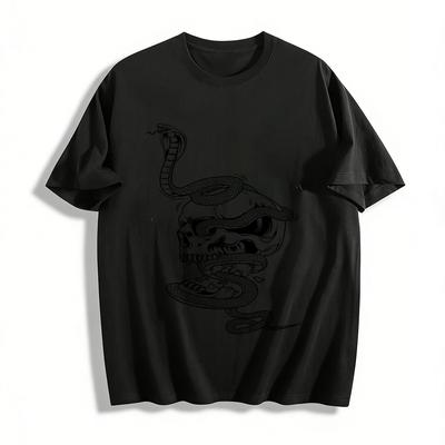 Skull And Cobra Print Edgy Casual Short Sleeve T-Shirt Pure Cotton T-shirt