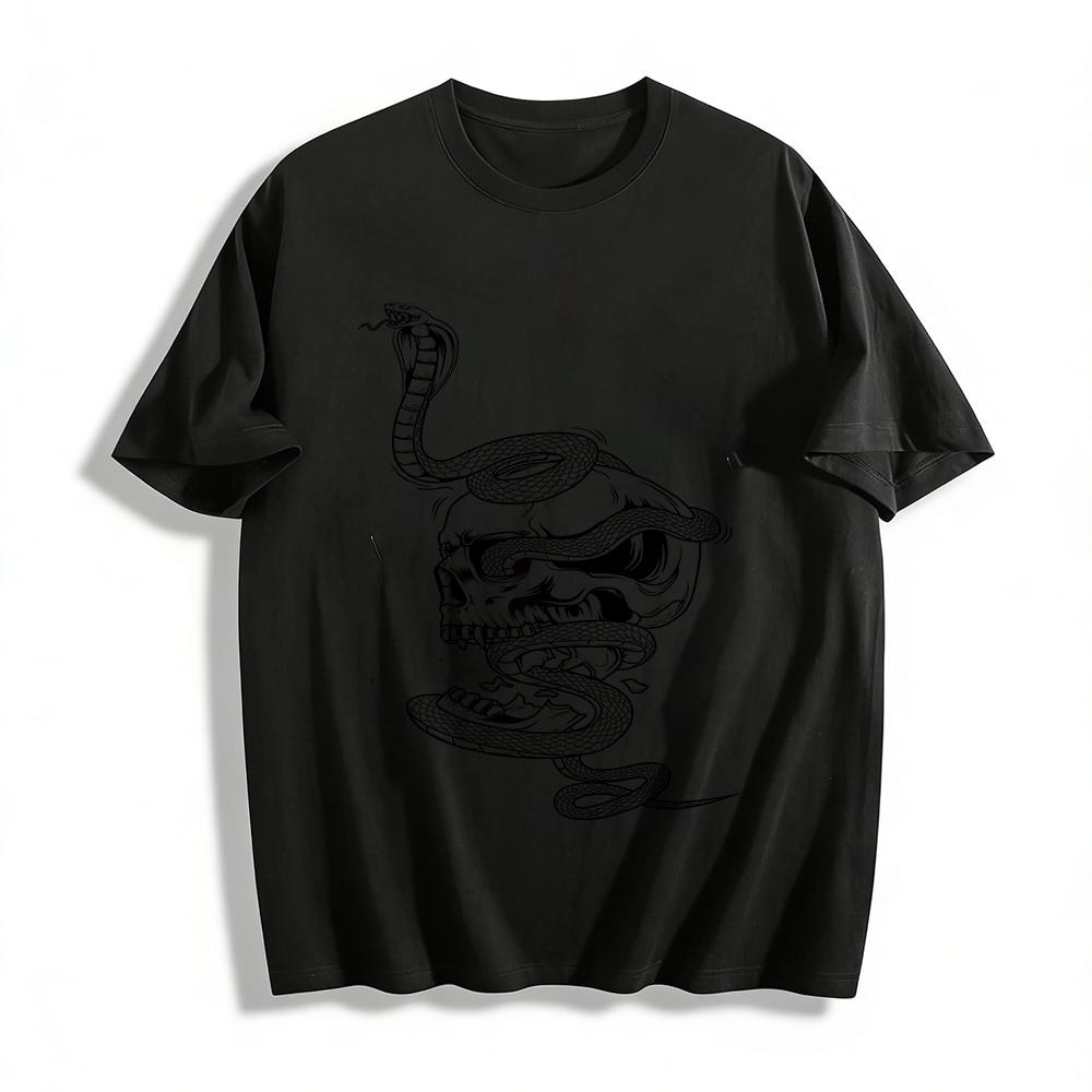 Skull And Cobra Print Edgy Casual Short Sleeve T-Shirt Pure cotton T-shirt XXS