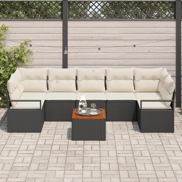 Ensemble de Canapés de Jardin de 8 Pièces avec Oreillers Noir Poly Rattan Acacia, Canapé de Jardin 2 Places avec Rangement &amp; 3356339