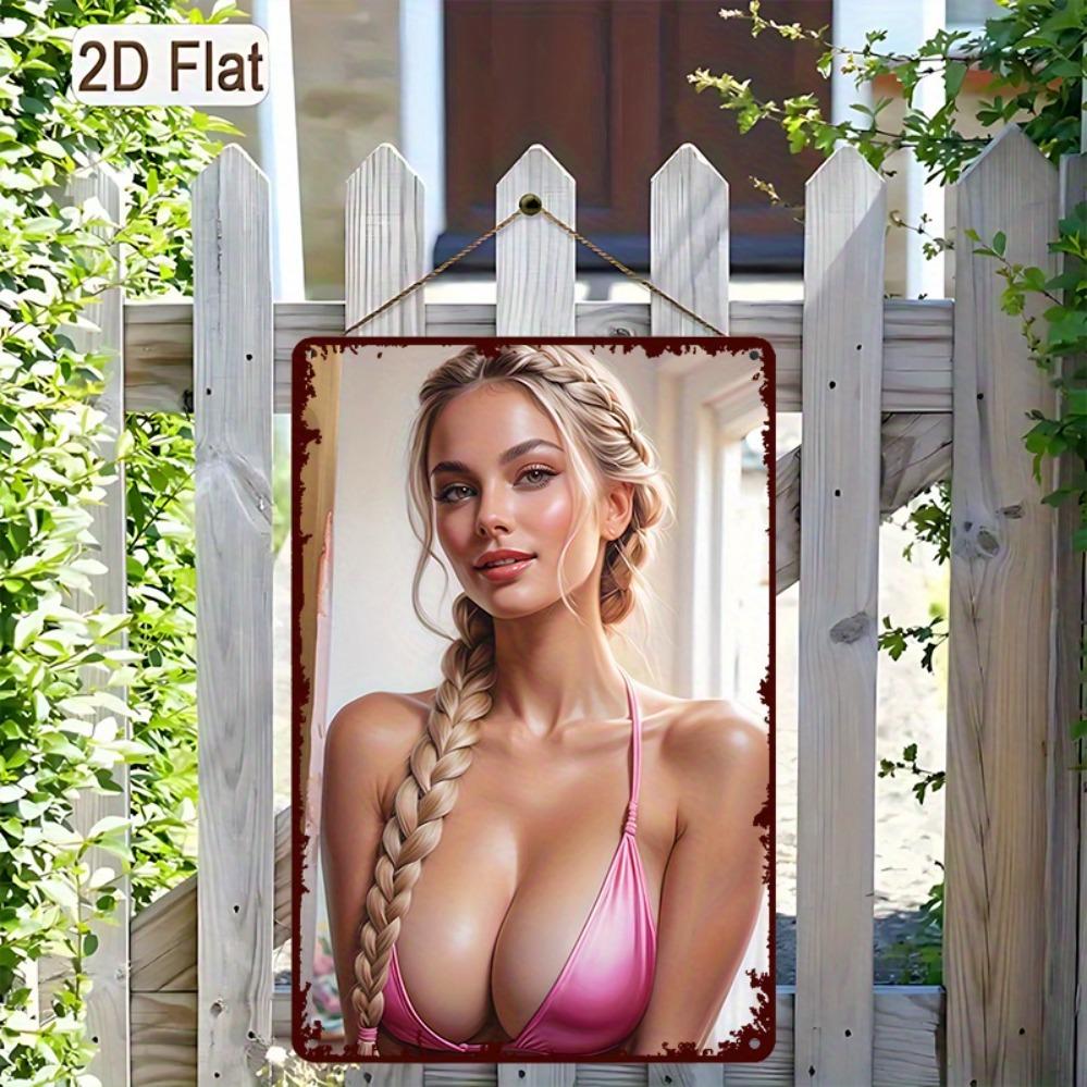 Vintage Metal Tin Sign Women Bikini Illustration Art 8x12 Inch Pre-Drilled Easy Hanging Decor for Kitchen Bar Outdoor Room Corri