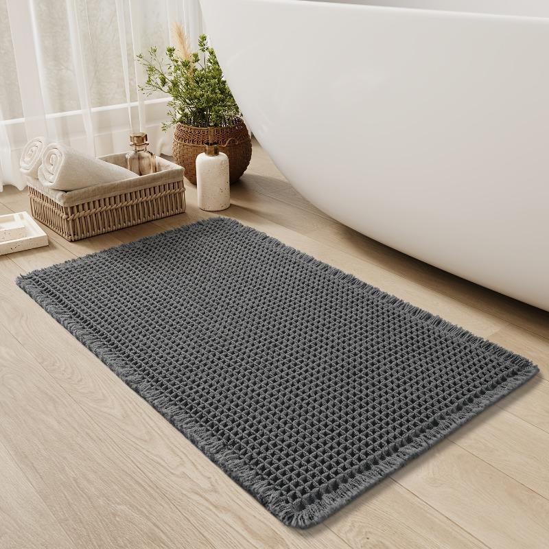 Ultra-Absorbent Waffle Bath Mat - Non-Slip, Machine Washable with Tassels, Rubber Backed Polyester Blend Rug for Bathroom Floor