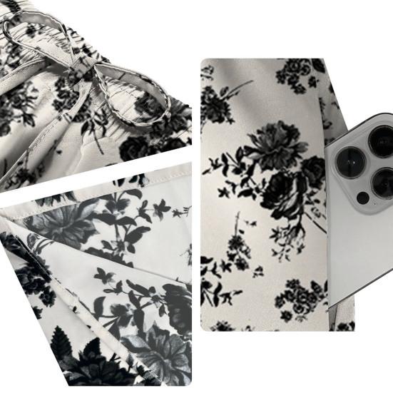 Maxi Skirt Adjustable Drawstring Elastic High Waist Long Skirt with Large Hem Floral Print Pockets Women Skirt