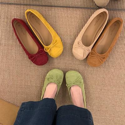 Spring and Autumn New Gentle Round Head Flat Sole Shoes Versatile Casual Bow Suede Commuter Retro Women's Shoes