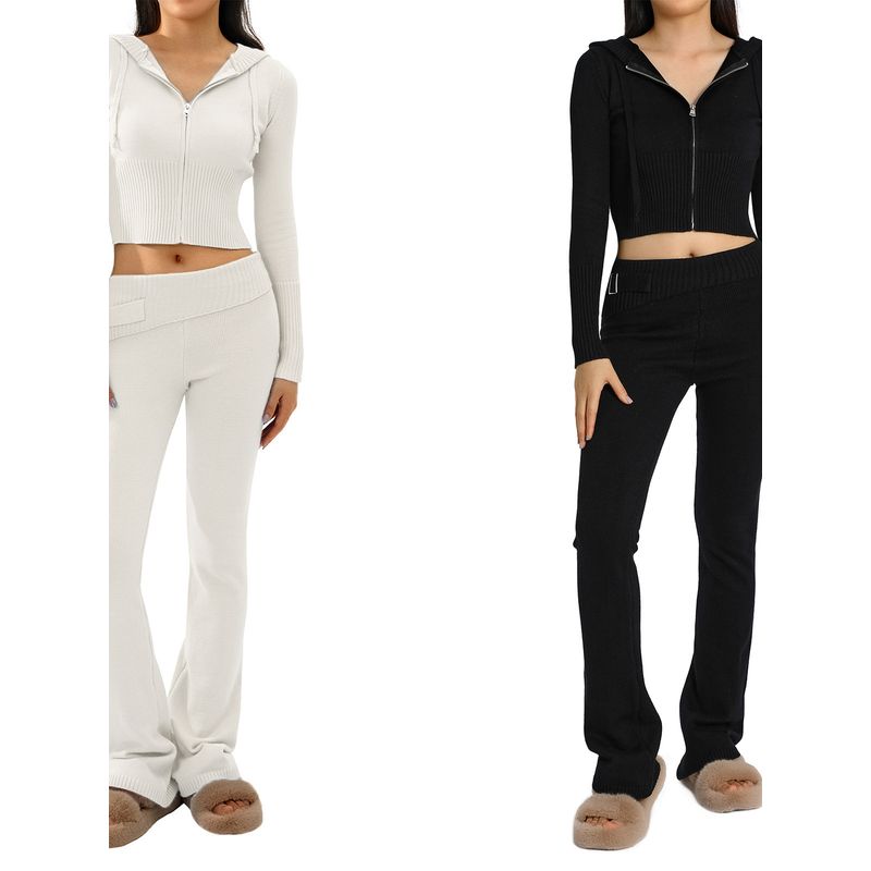 European and American New Knitted Hood Set Women Clothes Fashion Sexy High Waist Long Sleeve Trousers Two-piece Set