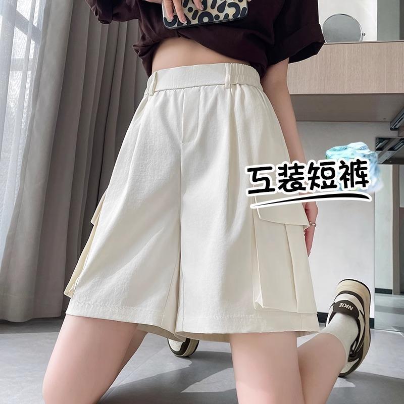 Army Green Tooling Shorts Women's Summer Thin High-waisted Thin A-shaped Wide-leg Pants Pure Cotton Sports Five-point Pants