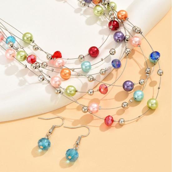 1 Ensemble Collier Boucles d'oreilles Dame Ensemble Multicouche Coloré Fausse Perle Bohème Longueur Réglable Faux Cristal Crochet