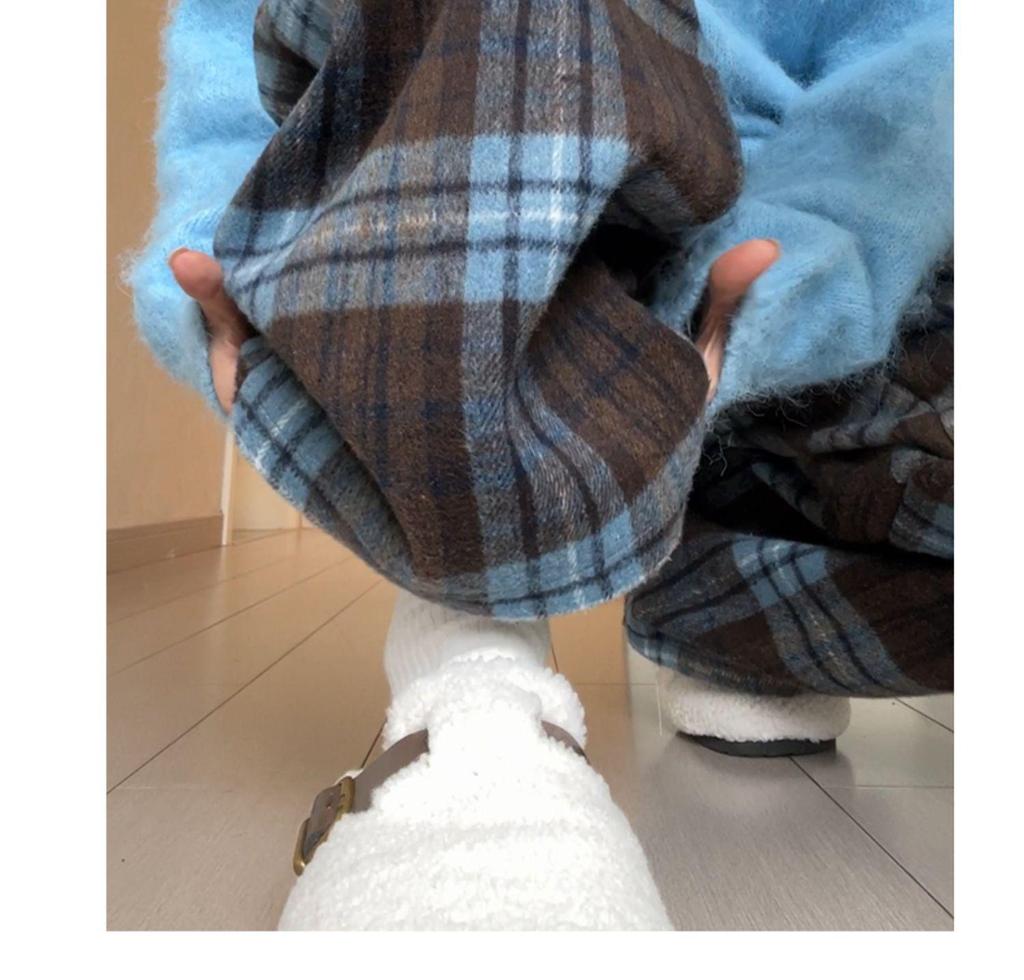 Women's Woolen Plaid Wide-Leg High Waist Pants - Plus Velvet Thick Warm Casual Sweatpants for Autumn/Winter.