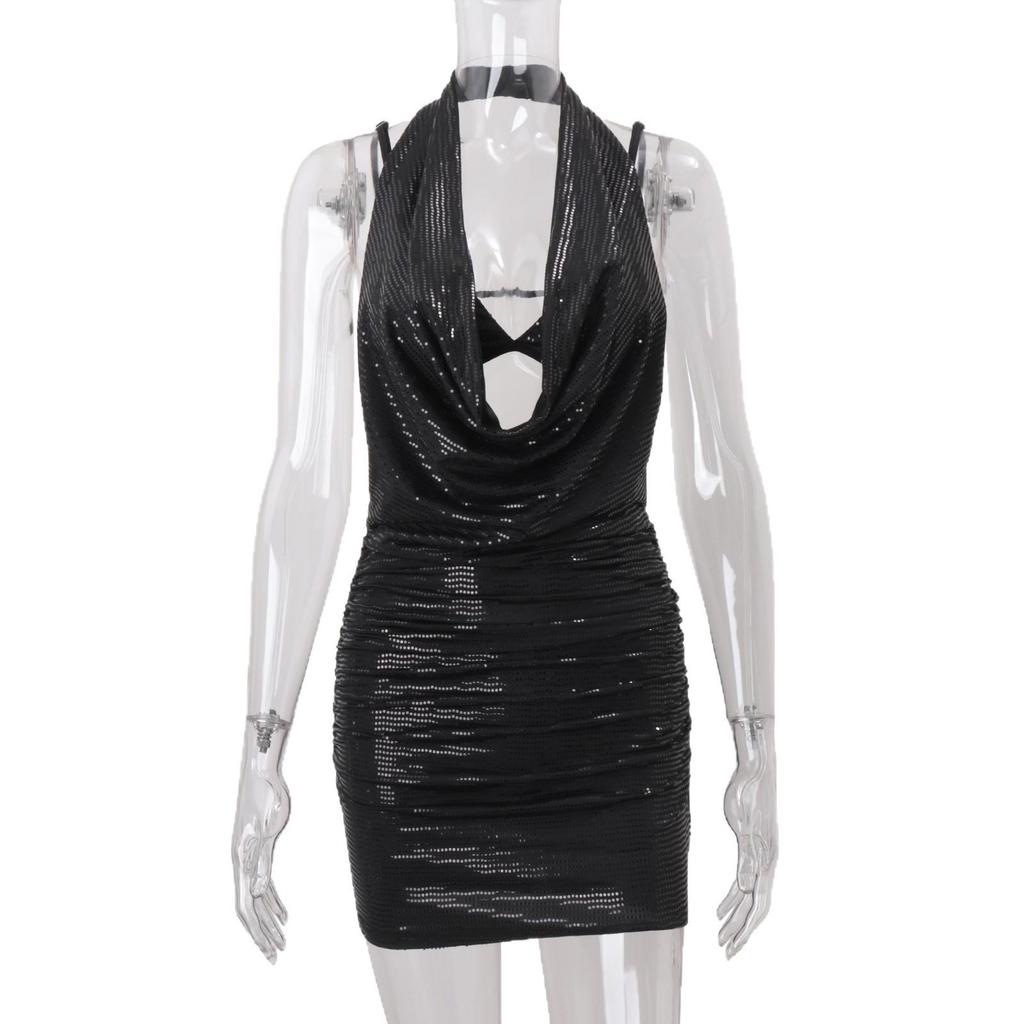2025 Winter Women's Sequin Halterneck Camisole and Draped Dress Set