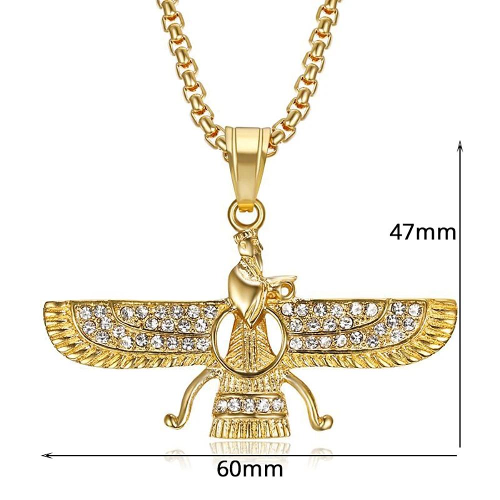 Drop Shipping Hip Hop Iced Out Faravahar Ahura Pendant Necklace Gold Color Stainless Steel Zoroastrian Pendant Iranian Jewelry