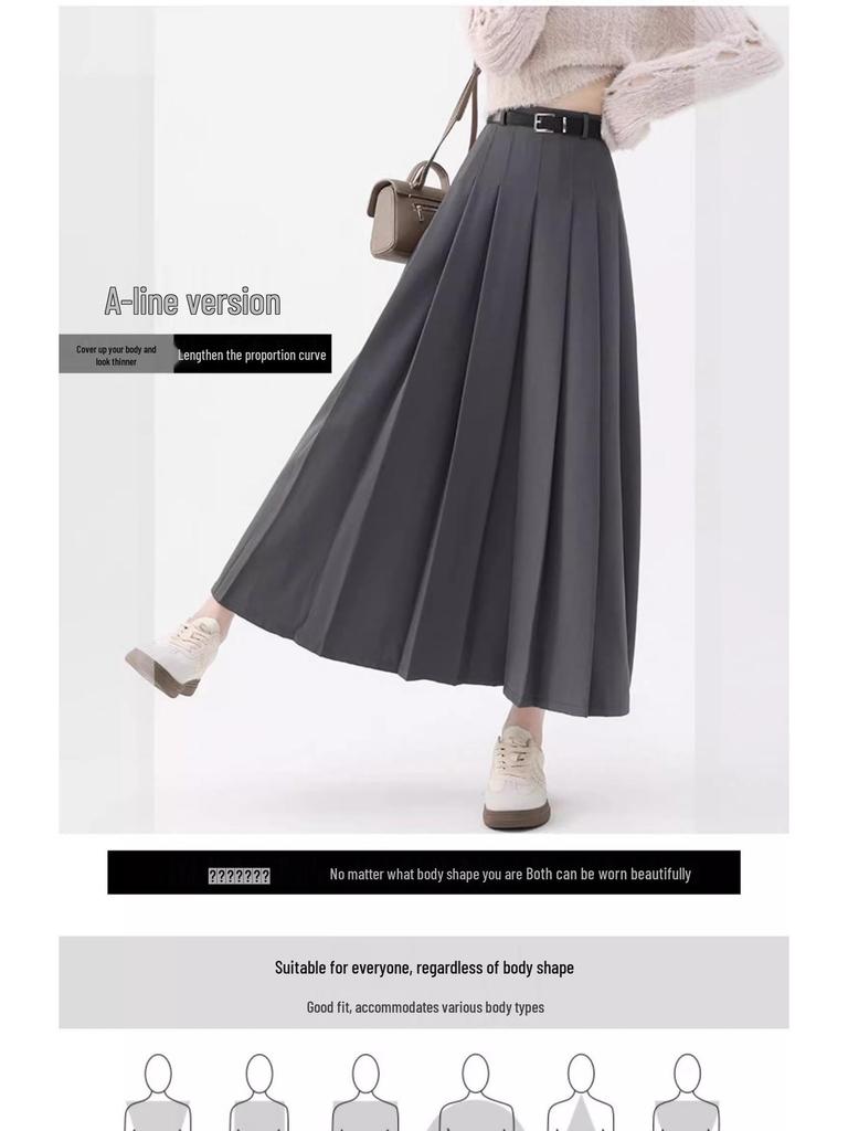 Women's High Waist Gray A-Line Pleated Mid-Length Skirt - Spring, Summer, Autumn 2025