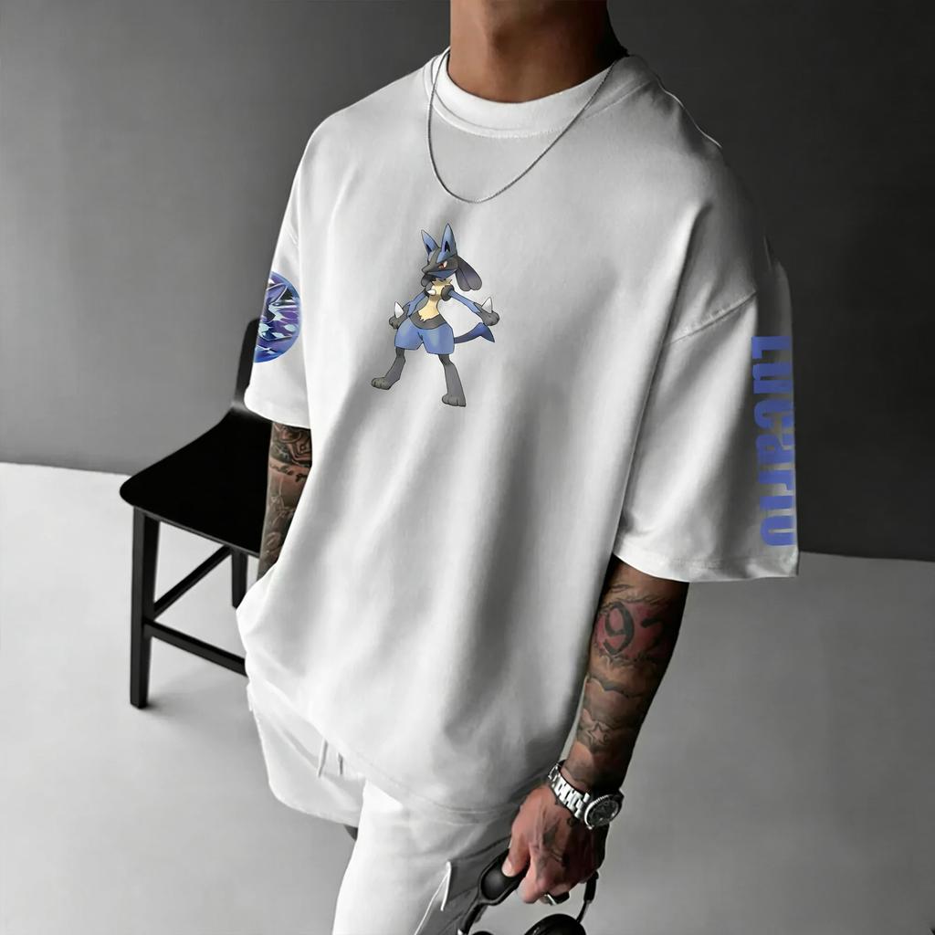 Ruční herní tričko z bavlny s potiskem Lucario 2026 Pánské letní Nový Hip-hop Trend Ležérní Volné Y2K Rodič-dítě Top