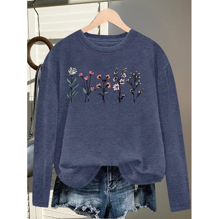 Elegant Long-sleeved Dress for Women Fresh Floral Theme Printed Round-neck Women's Shirt T Shirt Suitable for Spring Wear Summer Autumn