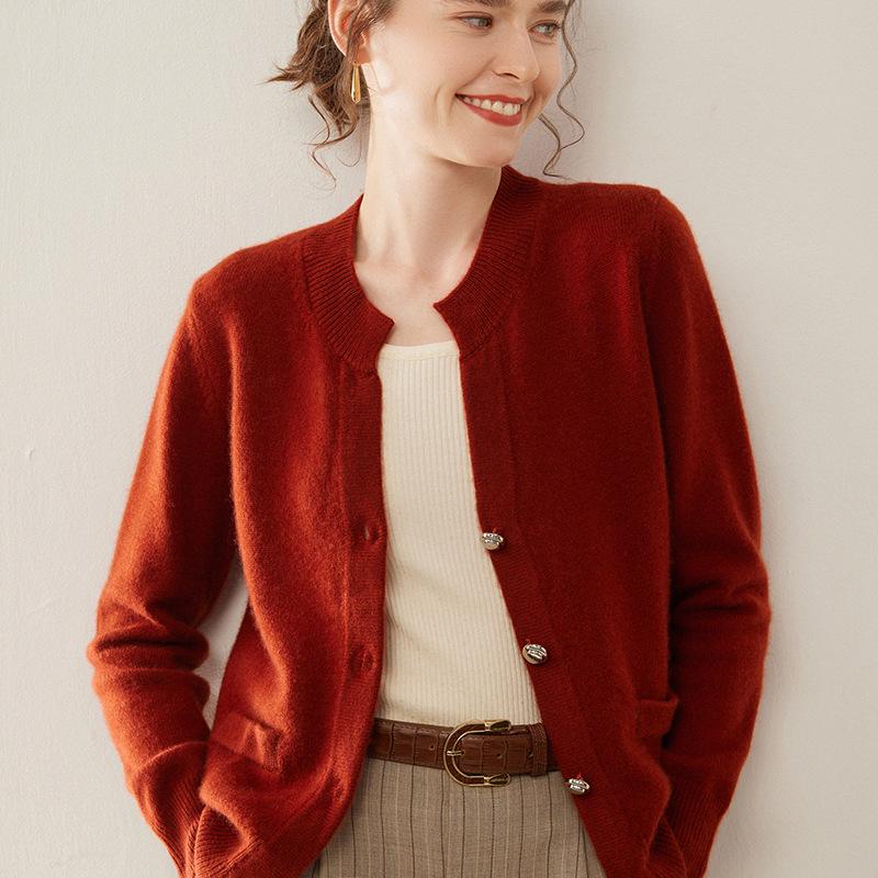 Elegant Women's Winter Cashmere Sweater Cardigan - Round Neck, Long Sleeve, Fluffy Loose Knit