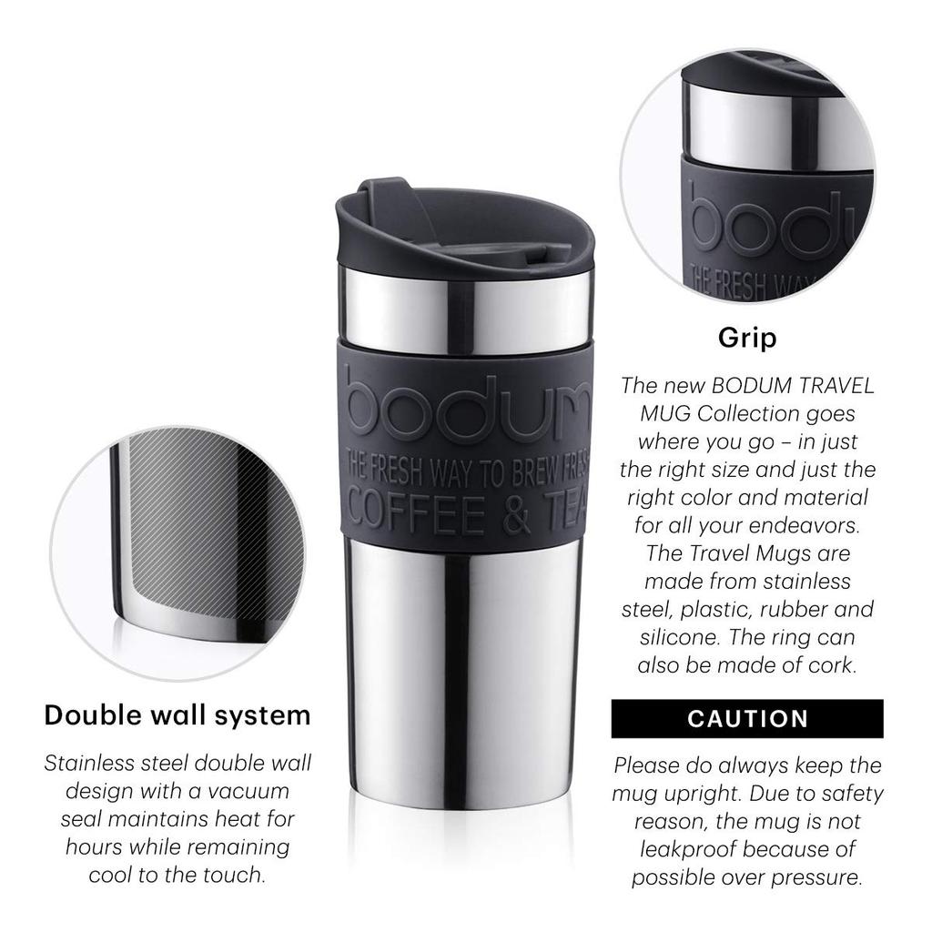 BODUM TRAVEL MUG, 350ml Gunmetal Stainless Steel Tumbler, Insulates Hot or Cold Drinks, Double-Walled Design, Dishwasher Safe, Outdoor Use
