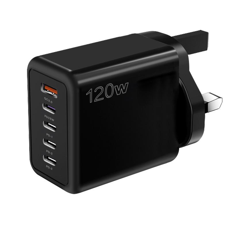 120W Multi-Port Fast Charger - 4 Ports + USB, Compatible with Xiaomi, Apple, Type-C; EU, US, UK Standards