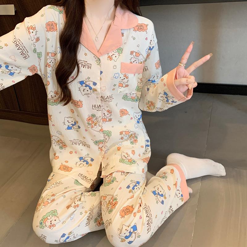Cartoon Cat Pajamas Women'S Autumn Cloud Cotton Long-Sleeved Cardigan Cute Girl Can Wear Loungewear Suit