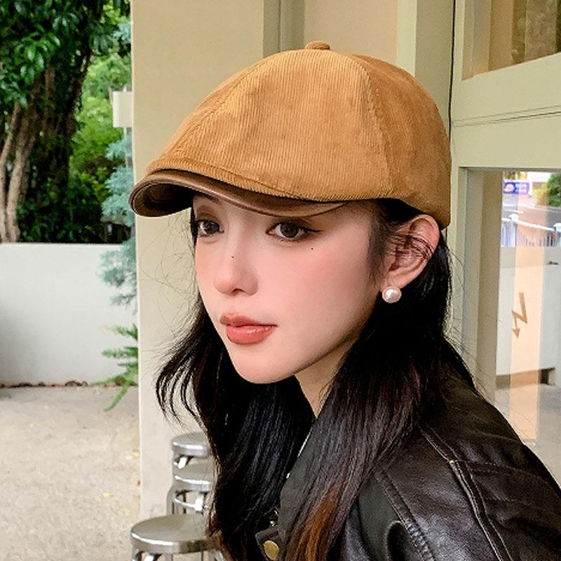 Retro Corduroy Forward Hat Women's Spring and Autumn Versatile Anti-wearing Beret Big Head Circumference Shows the Face Small Hat Trend