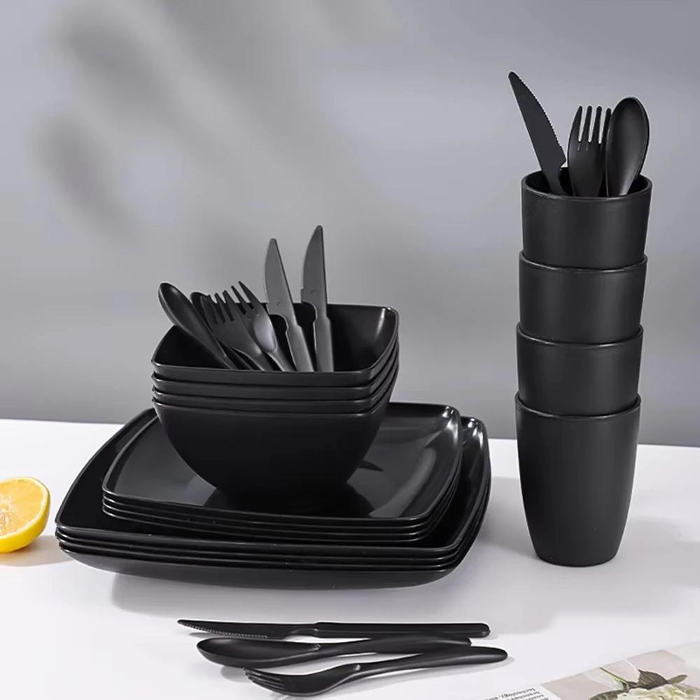 

28Pcs Non Fragile Meal Plates Wheat Straw Dishes Tableware Set Reusable Dinnerware Camping Microwave Dishwasher Safe