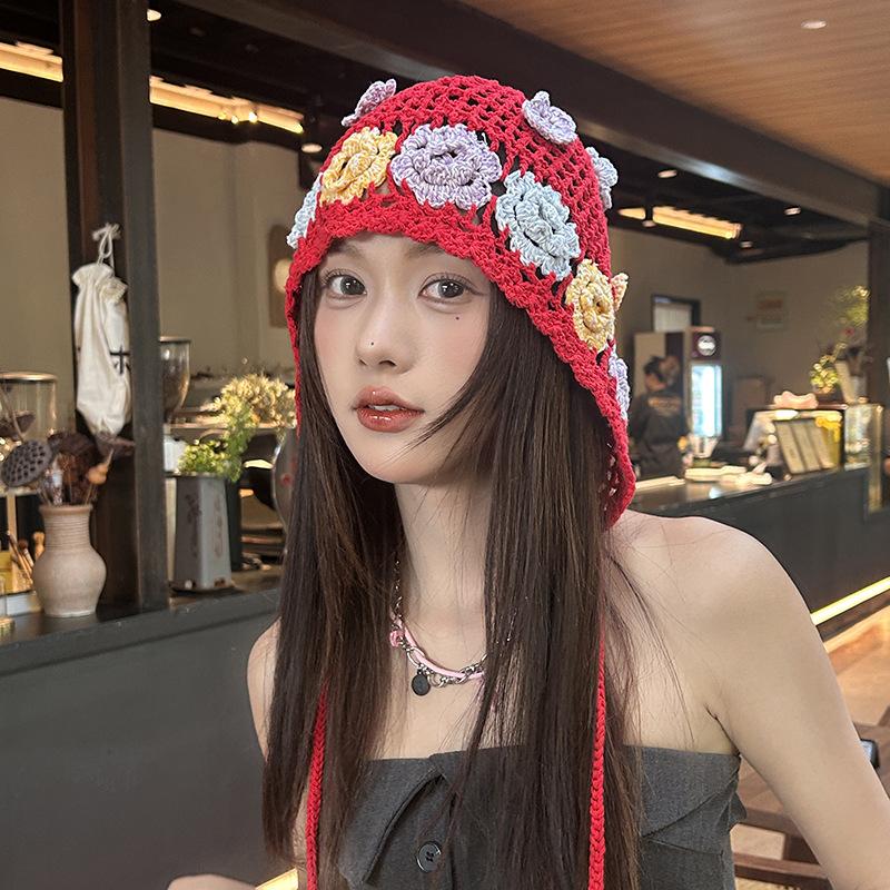 New Spring and Summer Retro Hollow Woven Tassel Bag Head Hat Women's Literary Knit Hat Ear Protection Strap Pullover Hat