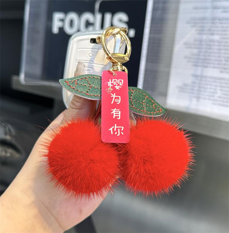 Trendy Red Cherry Pendant Natural Fur Keychain for Women Cute Bag Charms Decorations Jewelry Key Ring Car Key Accessories Gift