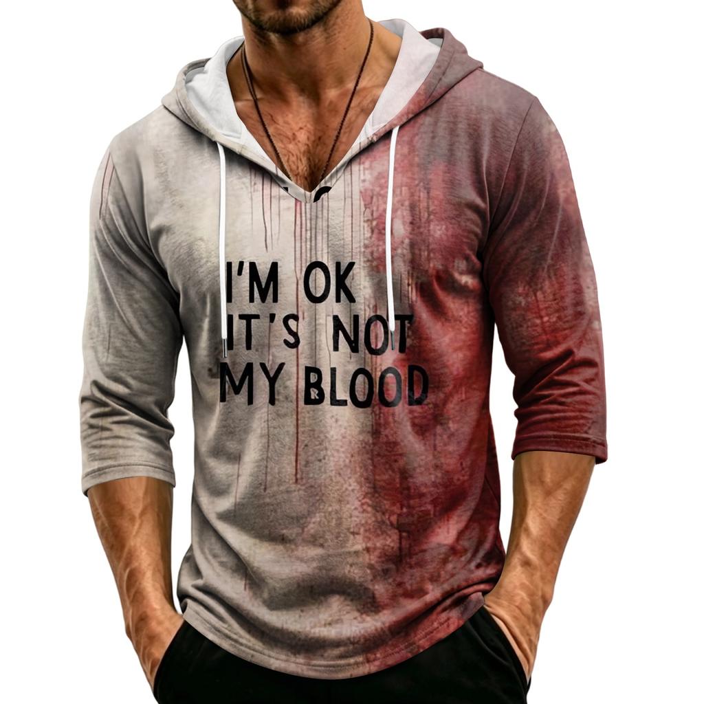 Men's Loose Fit Casual Hooded Shirt Three Quarter Sleeve Halloween Graphic Print Pullover Top Lightweight Breathable