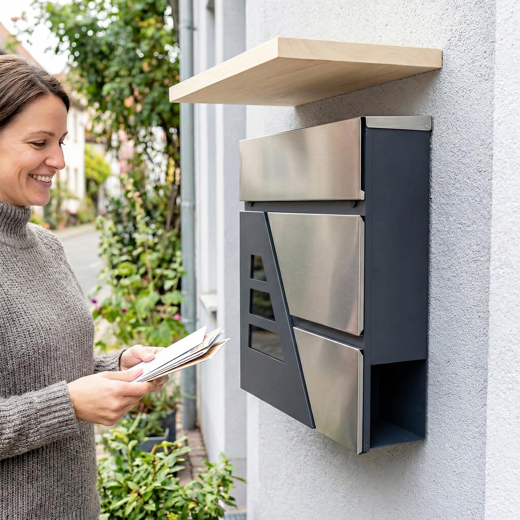 Mailbox Wall-Mounted Weatherproof with Newspaper Holder and 2 Keys for Exterior Wall, Dark Grey
