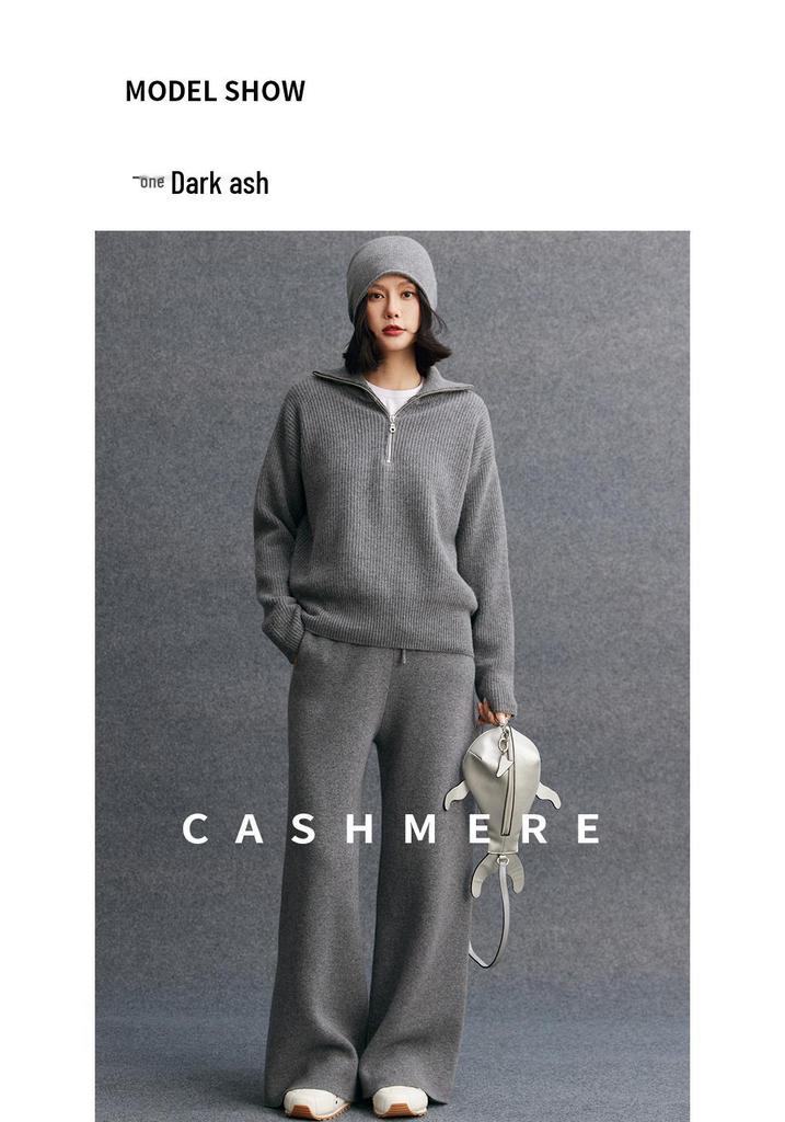 Women's Cashmere Zipper Sweater - Half-High Collar, Autumn/Winter Loose Knit, Casual Thick Outerwear