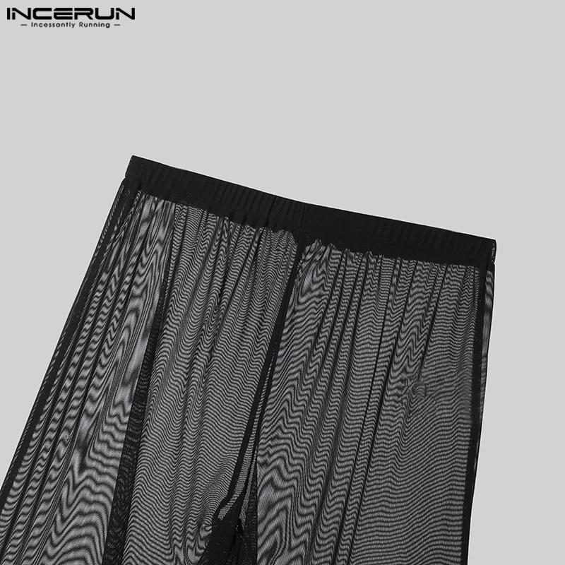 INCERUN Summer Men High Waist Transparent Pants Wide Leg Fishnet Trousers