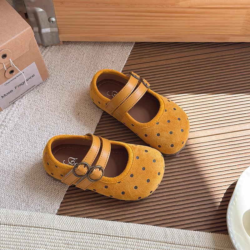 

Girls Korean-style suede polka dot leather shoes, new spring and autumn soft-soled toddler princess shoes, forest-style single shoes 21 жёлтый