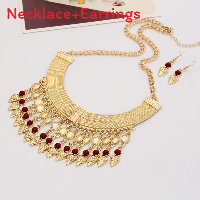 

Fashion Tassel Necklace Eardrop Set With Layered Chain And Details Gemstone Gold Burgundy