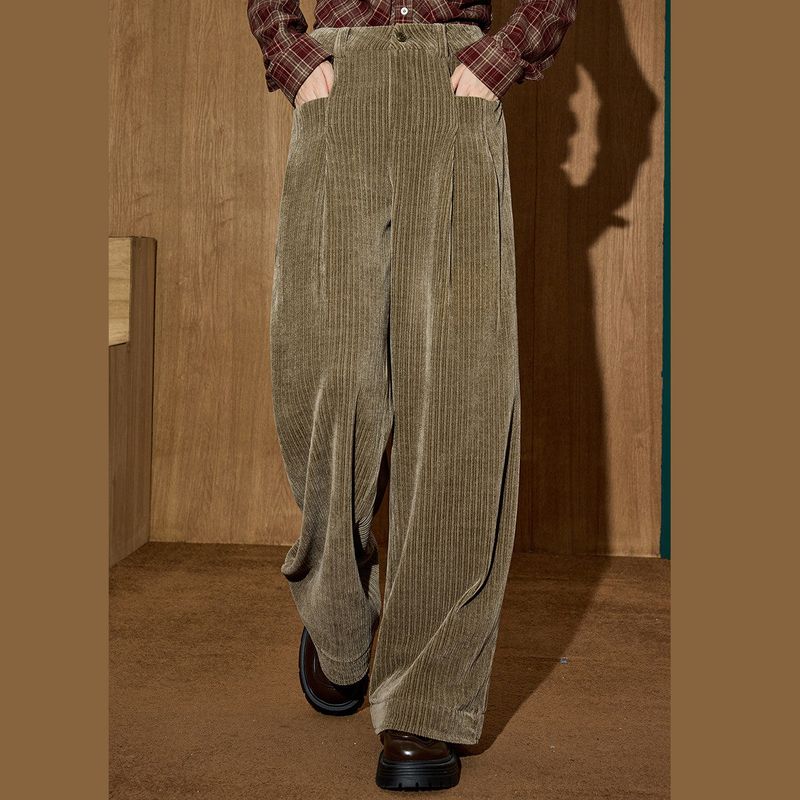 Coolhut Olive Green Corduroy High-Waisted Wide-Leg Cuffed Winter New Warm Thick Casual Pants for Women