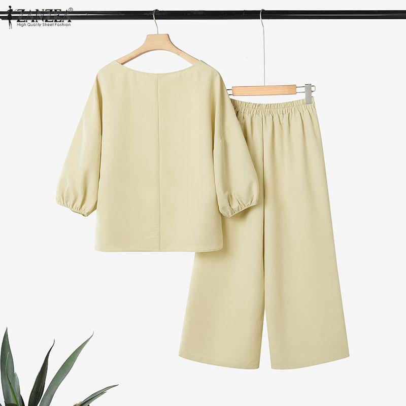 ZANZEA Damska bluzka i spodnie z rękawem 3/4, codzienne dwuczęściowe zestawy garniturów