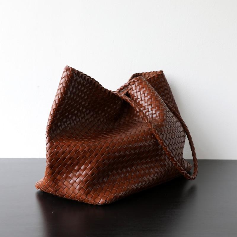 Handwoven Full-Grain Leather Tote Bag Women Large Capacity Vintage Chic Office In Soft Supple Cowhide