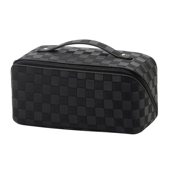 Travel Cosmetic Bag Waterproof Large Capacity Checkered Makeup Bag Open Flat Toiletry Bag for Women Skincare Brushes