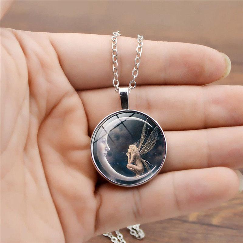 Moon Elf Angel Fairy Cabochon Glass Pendant Necklace Bracelet Earrings Jewelry Set Totally 4pcs For Women 'S Fashion Jewelry