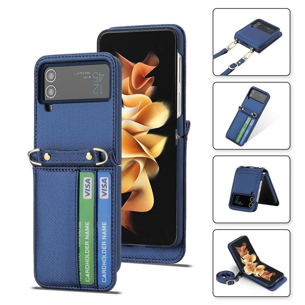 Suitable for Samsung Z Flip4 mobile phone leather case, folding mobile phone fashion card oblique span bag, strap mobile phone case