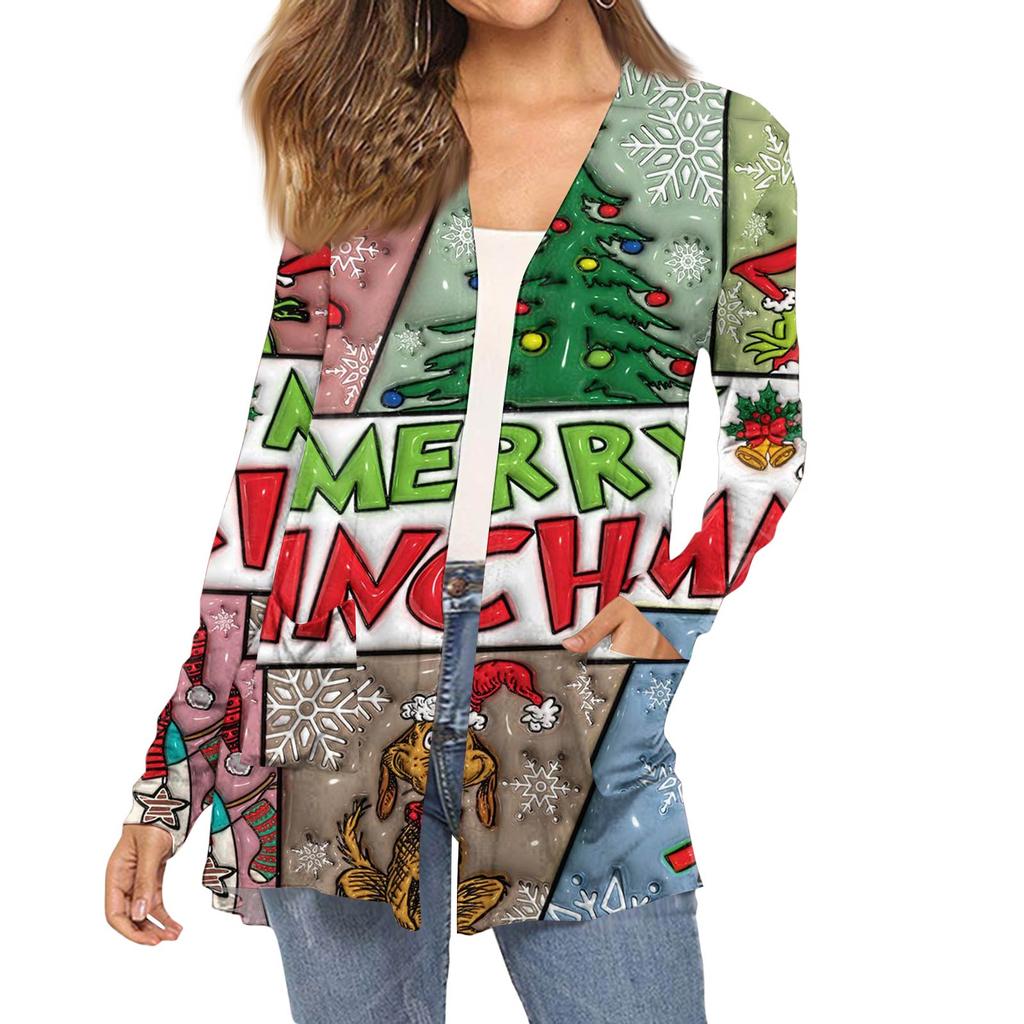 Women's Fashion Christmas Print Long-Sleeved Pocketed Slim-Fit Cardigan Coat