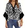 Tops For Women Cute Button V Neck 3/4 Sleeve Blouses Print Top Casual Shirts
