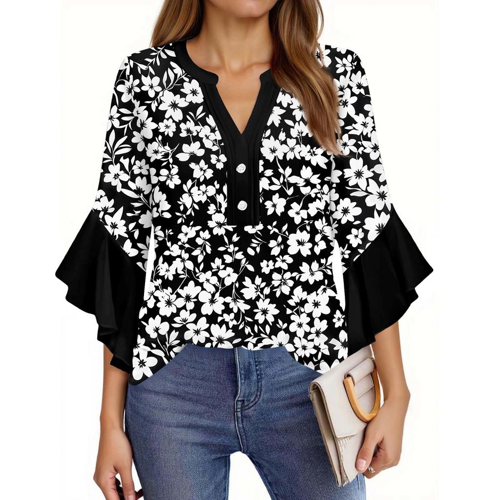 Tops For Women Cute Button V Neck 3/4 Sleeve Blouses Print Top Casual Shirts