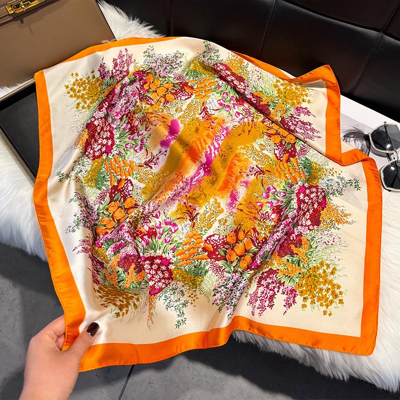 French Light Luxury Floral Small Square Scarf Simulation Silk Printing Silk Scarf Headscarf Women's Spring and Summer Scarf Temperament Scarf Scarf N