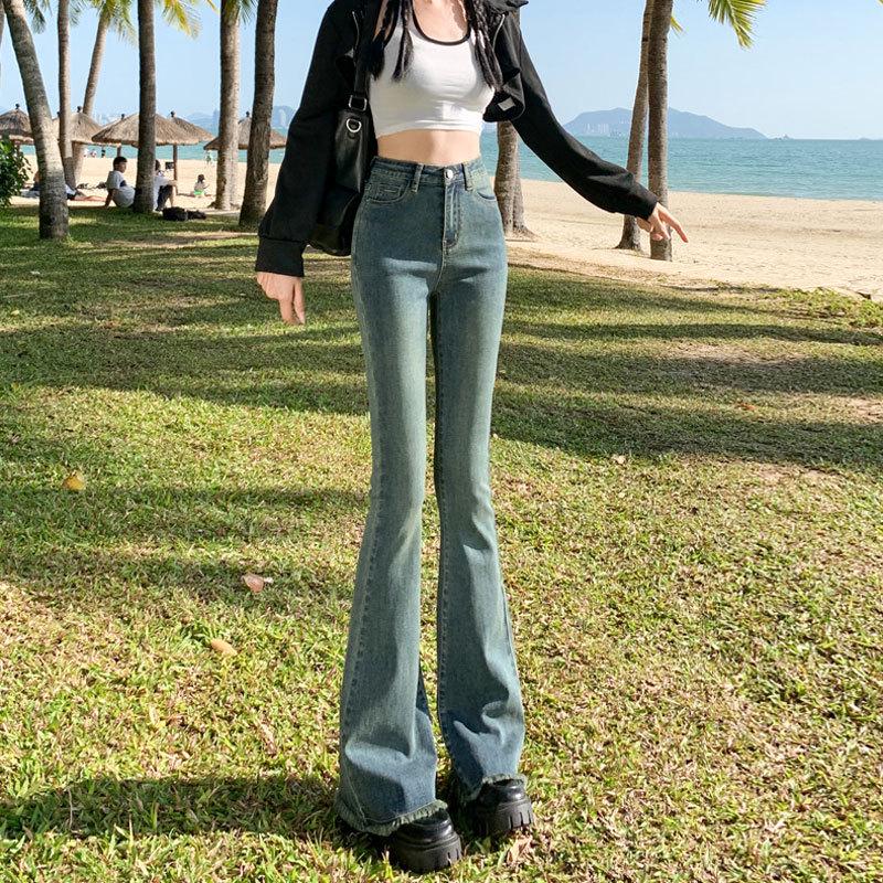 

Women s Black & Grey High-Waisted Micro-Flare Jeans – Slim-Fit Bell-Bottoms with Raw Hem, Stretchy Autumn Wear, Niche Horseshoe Design. XL