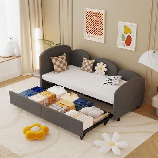 Twin Sofa Bed with Storage Drawers Large Capacity Drawer Rotary Wheels Velvet Upholstered Uneven Fence Sleep Solid Iron Frame Bedroom Twin Size Daybed