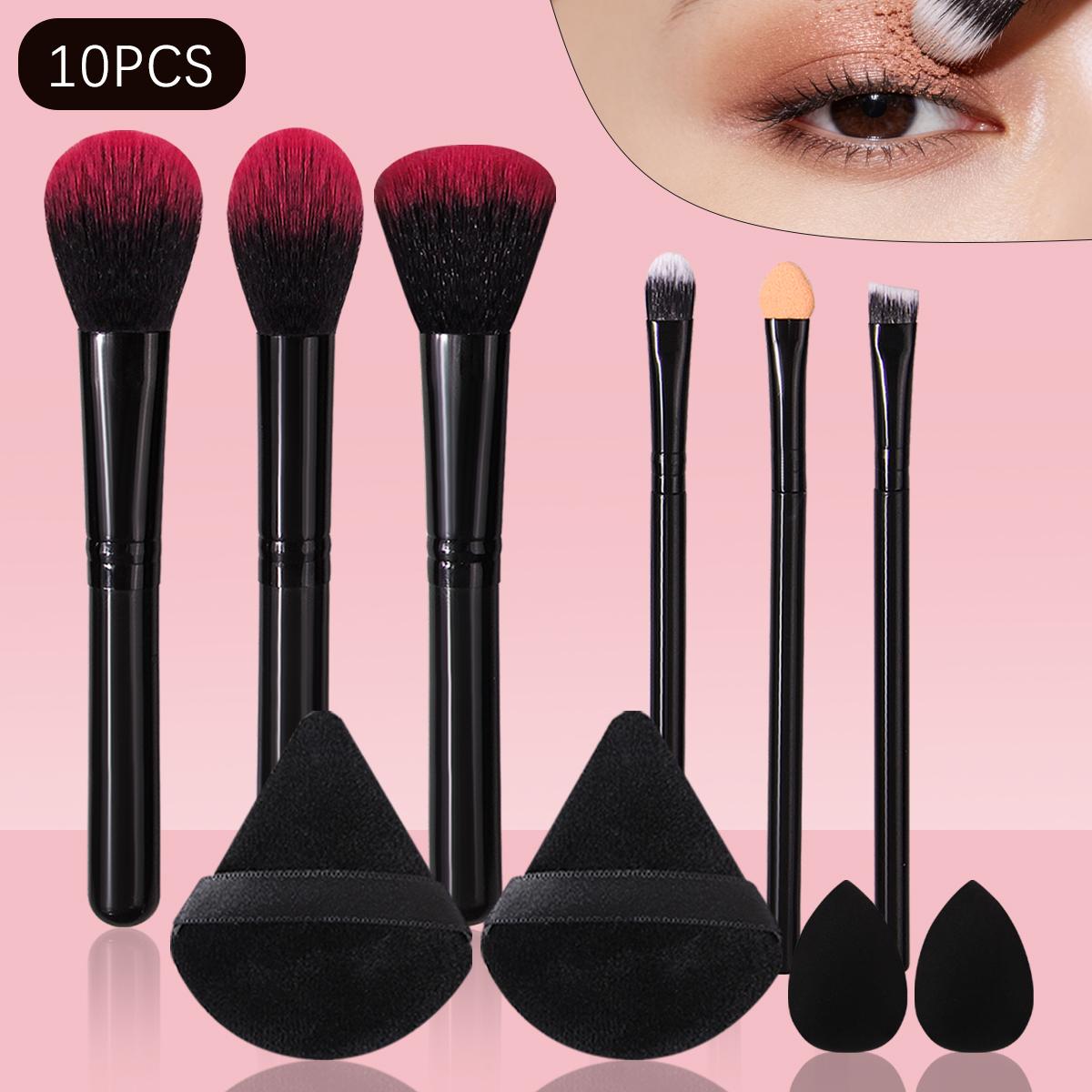 10pcs beginner makeup brush set, mini makeup sponge, powder puff, loose powder, blush brush, eyeshadow brush, beauty tools