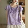 Womens Summer Floral Embroidered Linen Blouse Short Sleeve Loose Casual Top