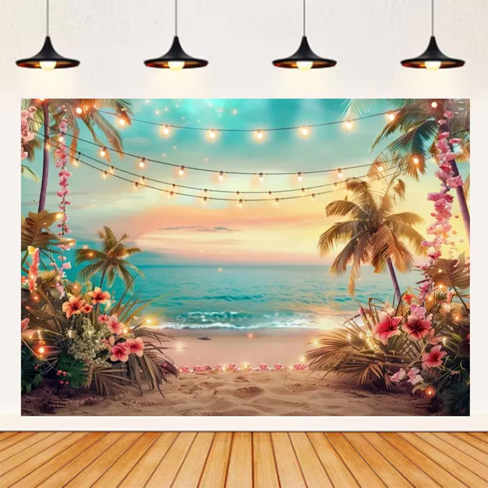 Summer Seaside Beach Theme Background Palm Tree Blue Sky Romantic Sunrise Sea Wave Photography Backdrop Supplies Party Decor