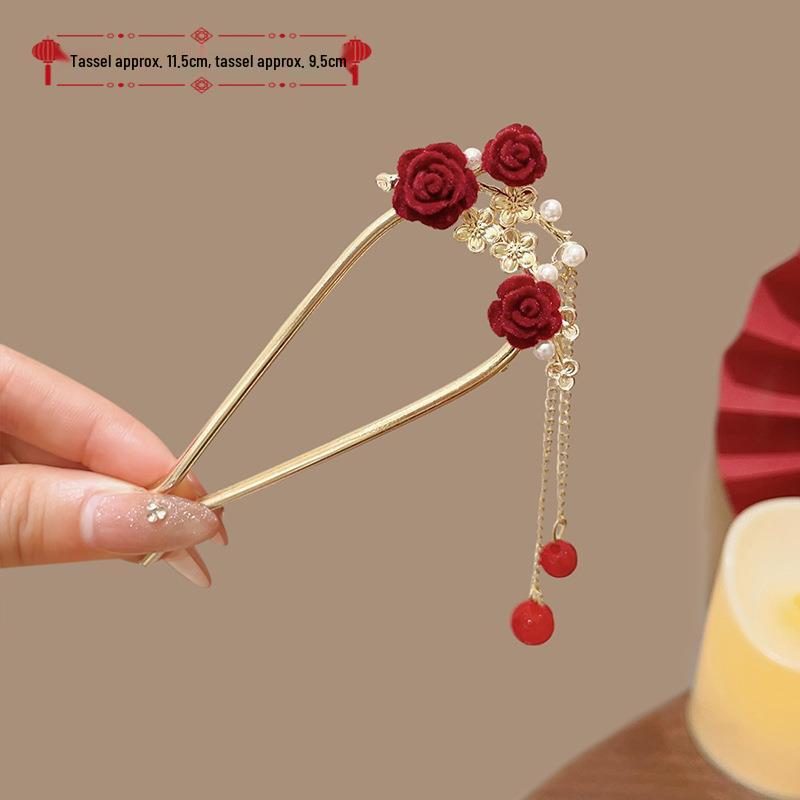 Elegant Red Rose Tassel Hairpin - U-shaped Hair Accessory for Women, Perfect for Updos and Traditional Attire.
