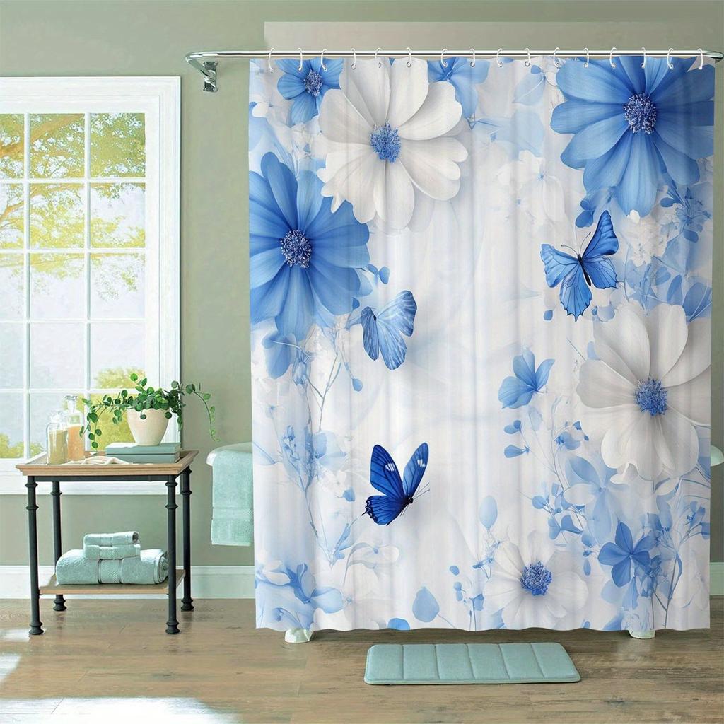Waterproof Shower Curtain, Blue Butterfly Theme, Graphic Print, Art Inspired, Includes 12 Hooks, Machine Washable, Polyester