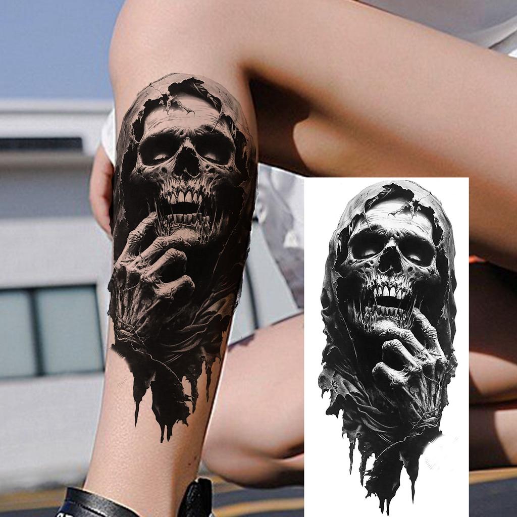 1 Blatt Gruseliger Sensenmann Totenkopf Temporäre Tattoos Halloween Tattoos Langlebig Wasserdicht Tiger Wolf Bestie Fake Tattoo Aufkleber