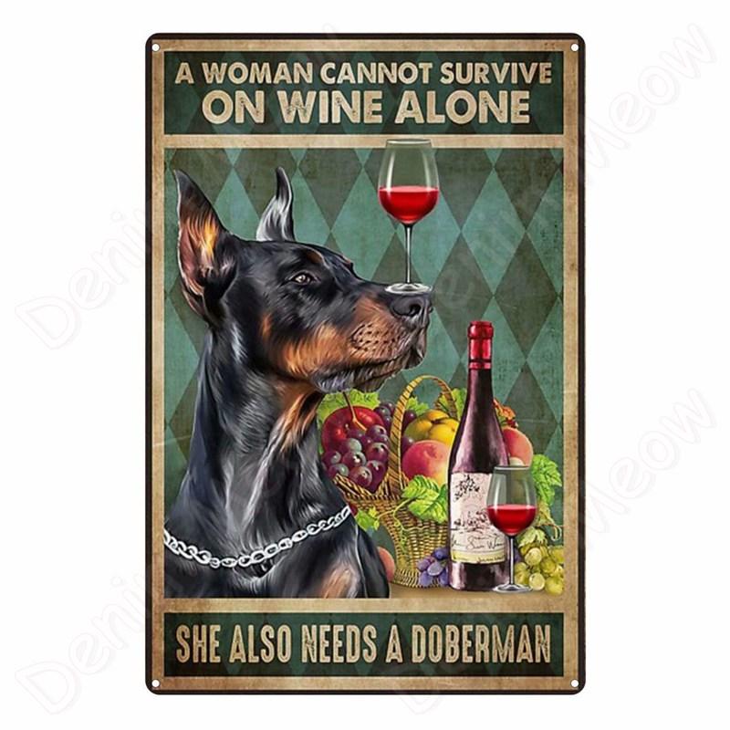 Vintage Bulldog Tin Sign for Home Wall Decor, A Woman Cannot Survive On Wine Alone, Funny Cat, Dog Metal Sign, Bar Decor