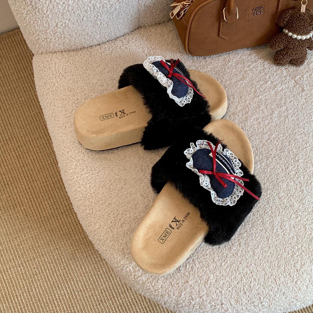 White non-slip thick-soled fluffy slippers for women's outer wear 2025 new autumn and winter heightening non-slip French one-word drag shoes